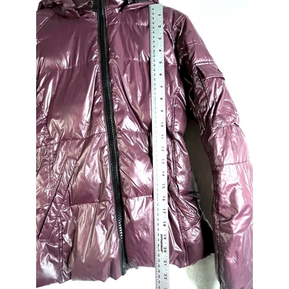 S13 New York Womens XS Burgundy Down Puffer Jacket Shiny Hooded Winter Coat - Picture 7 of 14
